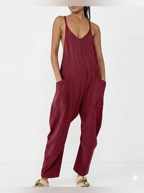 Relaxed Crimson Linen-Blend Overalls